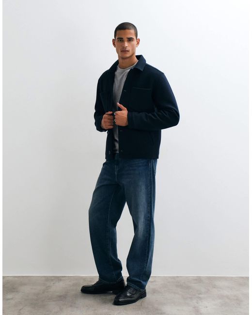 Threadbare Blue Faux Wool Collared Jacket With Patch Pockets for men