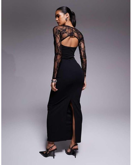 ASOS Gray Midi Dress With Cutaway Lace Long Sleeves