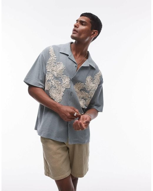 Topman Gray Oversized Fit Button Through Jersey Polo With Embroidery for men