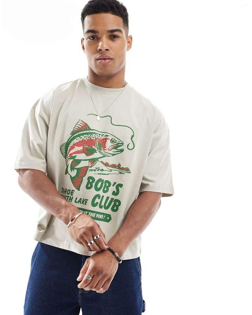 T-Shirt Oversize Squadrata Con Grafica Con Pesce di ASOS in Multicolor da Uomo