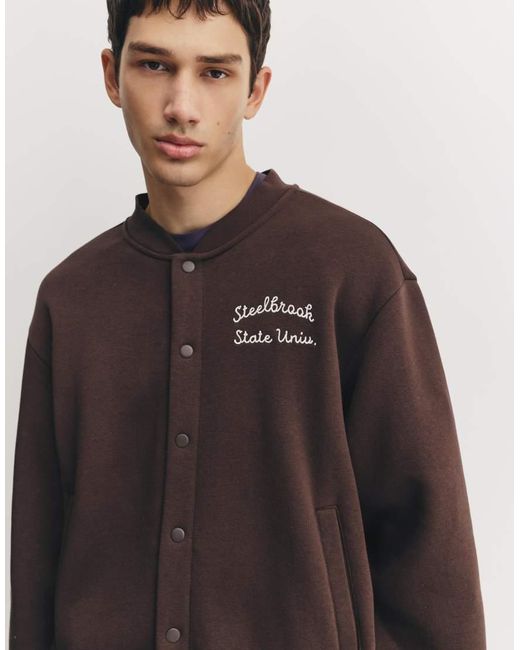 Pull&Bear Brown Embroidered Varsity Jacket for men