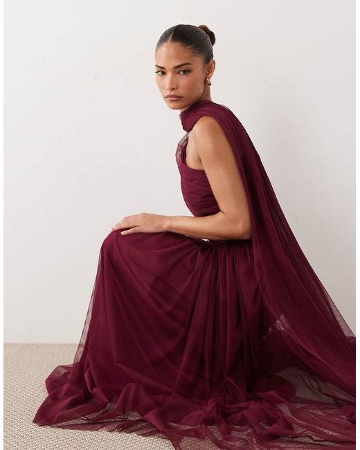 LACE & BEADS Red Bridesmaid One Shoulder Scarf Neck Maxi Dress
