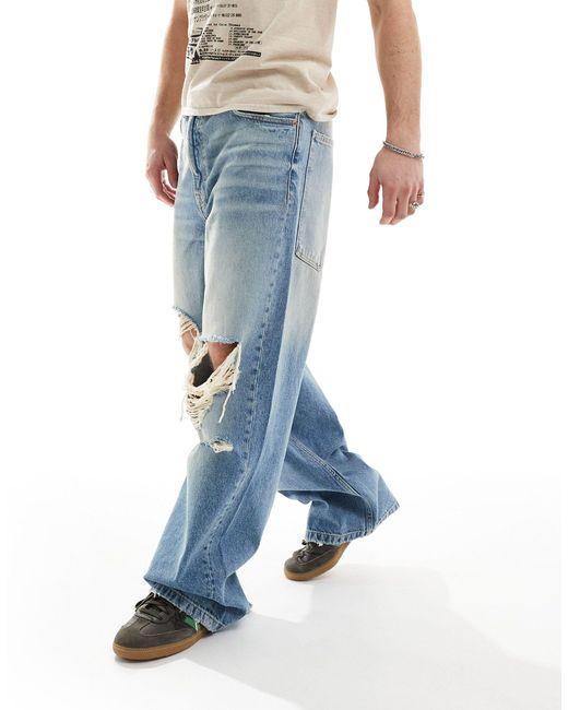 Bershka Blue Washed Distressed Denim baggy Jeans for men