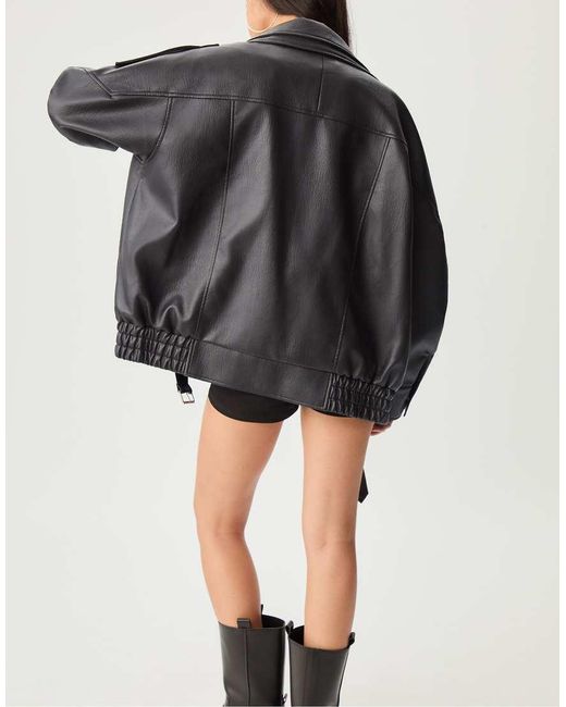 Stradivarius Black Oversize Leather Effect Jacket With Collar