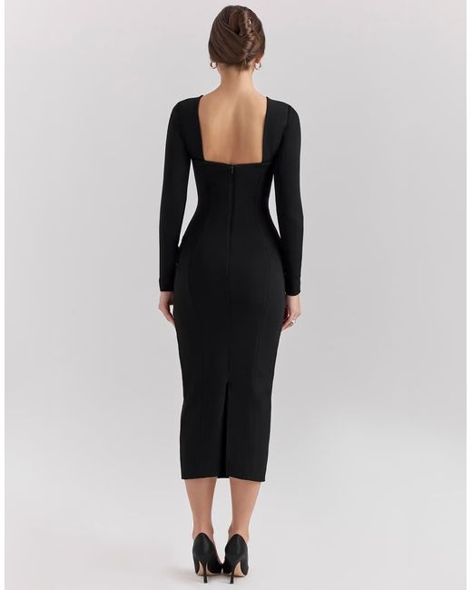 House Of Cb Black Ella Stretch Crepe Long Sleeve Midi Dress