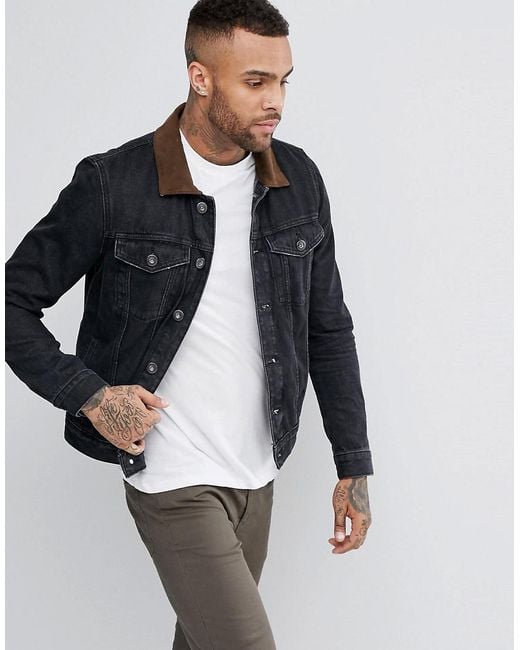 River Island Denim Jacket With Suede Collar In Washed Black for Men | Lyst