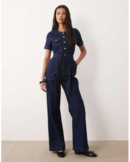 Miss Selfridge Blue Button Up Military Jumpsuit