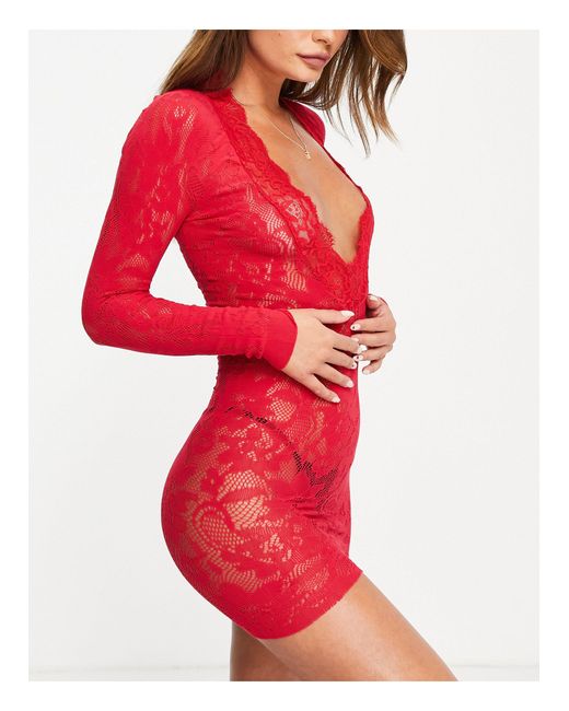 Ann Summers Red Supreme Long Sleeve Lace Dress With Plunge Front Detail