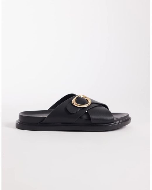 London Rebel Black Raya Flat Sandals With Buckle Detail