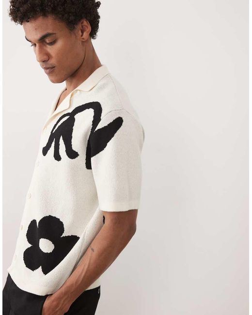 ASOS White Relaxed Knitted All Over Flower Graphic Revere Button Through for men