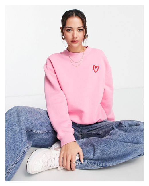 Monki Pink Sweatshirt With Heart Embroidery