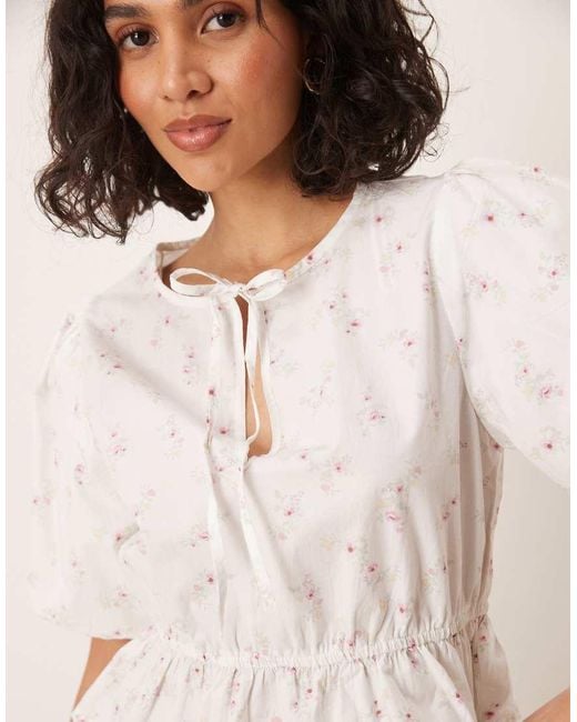 Gina Tricot White Puff Sleeves Blouse Top With Tie Front