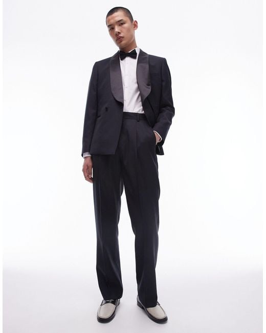 Topman Blue Premium Straight High Waisted Wool Rich Tux Suit Trousers for men