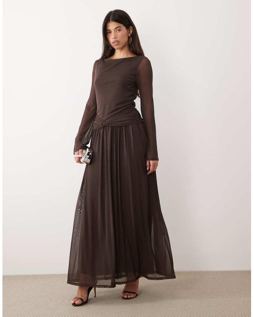 DASKA Brown Drop Waist Mesh Maxi Dress With Twist Detail