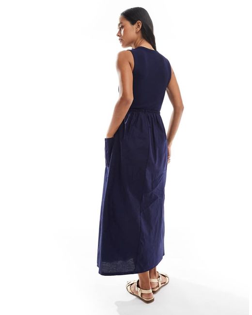 Threadbare Blue High Neck Maxi Dress With Poplin Skirt And Waist Detail