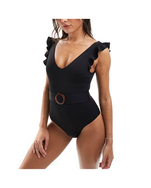 New Look Black Frill Belted Swimsuit