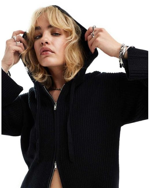Monki Black Knitted Rib Hoodie Zip Up Cardigan
