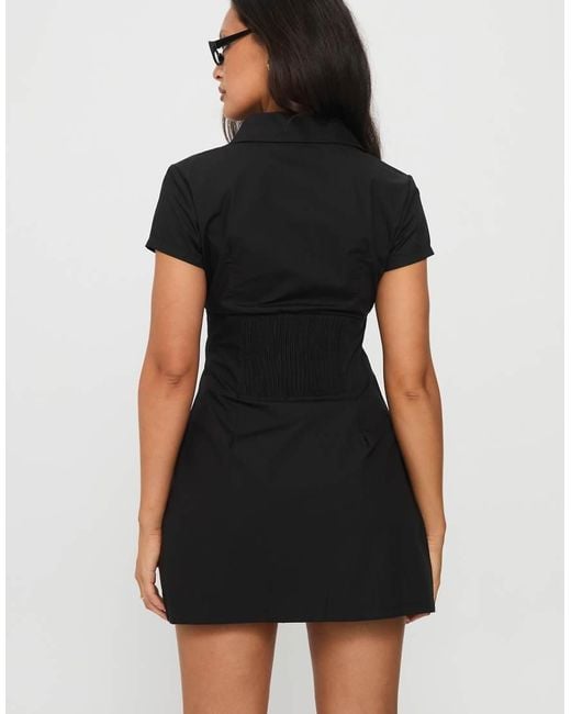 Princess Polly Black Motley Cotton Button Through Cinch Back Detail Mini Shirt Dress