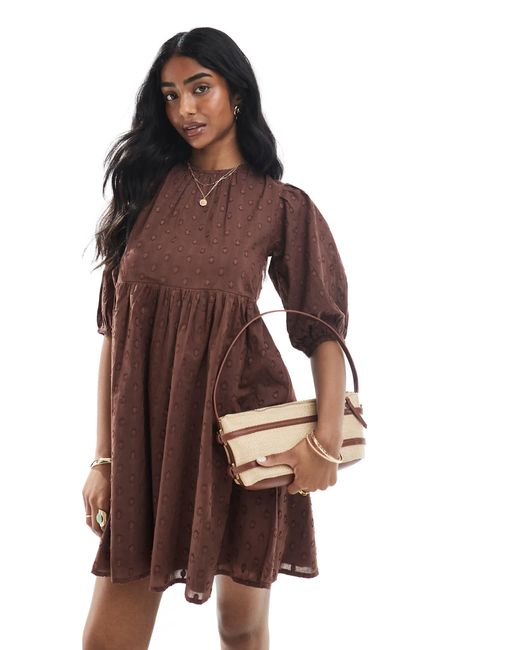Wednesday's Girl Brown Puff Sleeve Dobby Smock Mini Dress