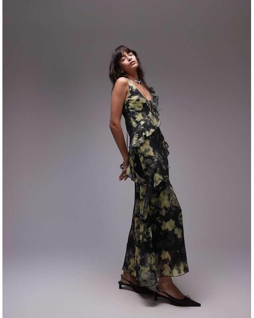 TOPSHOP Gray Maxi Slip Dress With Frills