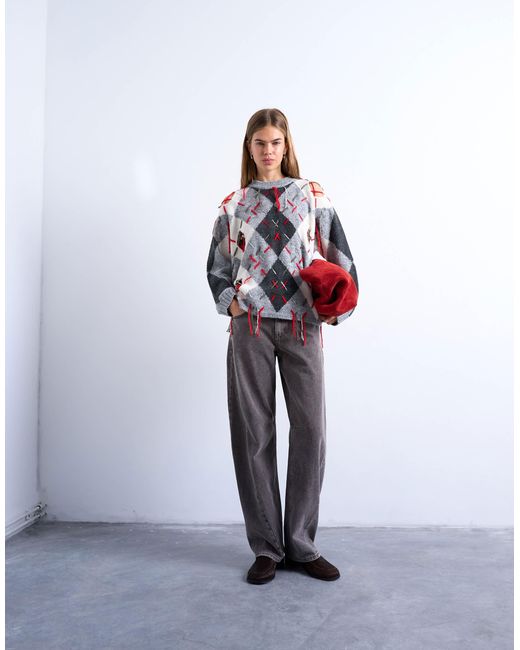 TOPSHOP White Knitted Argyle Distressed Jumper