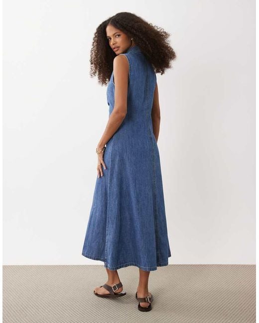 New Look Blue Sleeveless Ruched Denim Midi Dress