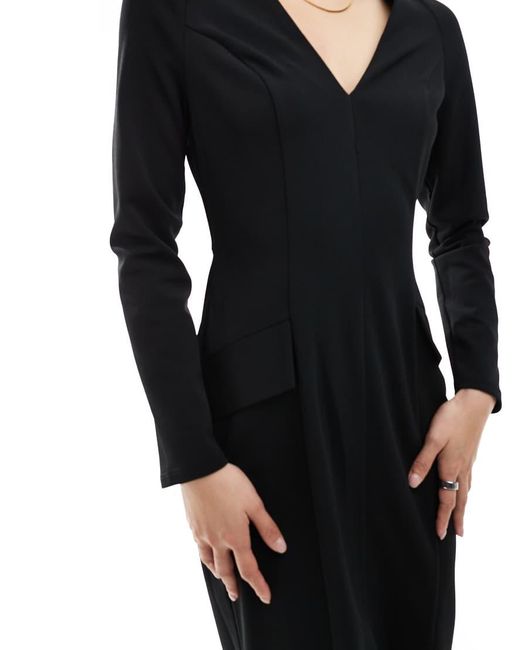 ASOS Black Long Sleeve Seam Detail V-neck Midi Dress