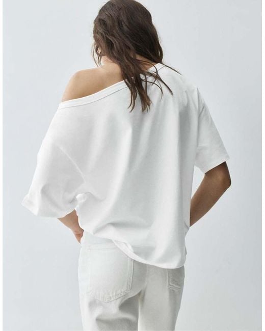 Pull&Bear White Asymmetric Short Sleeve T-shirt