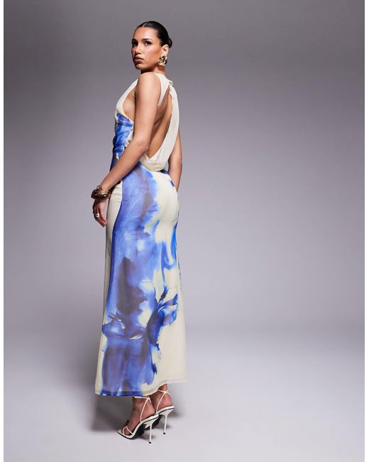 Robe longue à col montant et grandes fleurs ASOS en coloris Blue