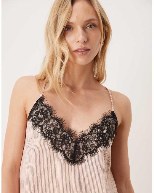 ASOS Natural Asos Design Petite Cami V-neck Mini Dress With Lace Overlay