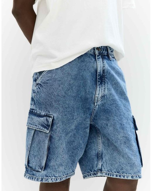 Pull&Bear – cargo-bermuda-jeansshorts in Blue für Herren
