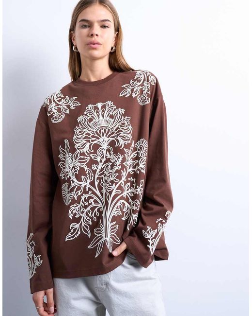 TOPSHOP Brown Graphic Paisley Long Sleeve Skater Tee