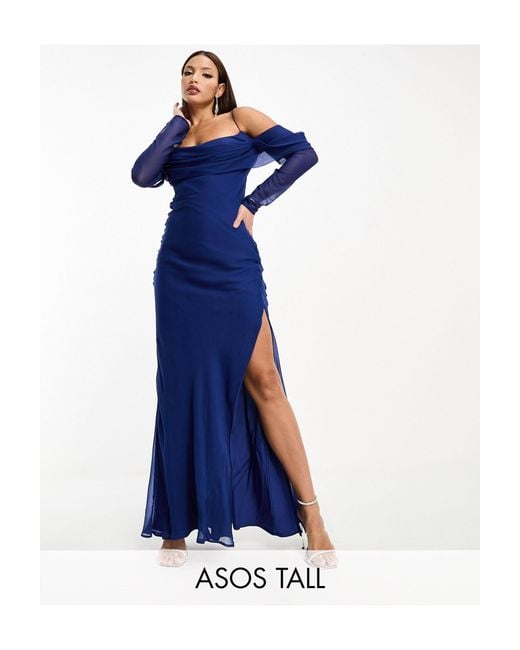 ASOS Blue Asos Design Tall Cami Cowl Maxi Dress With Cold Shoulder Sleeve
