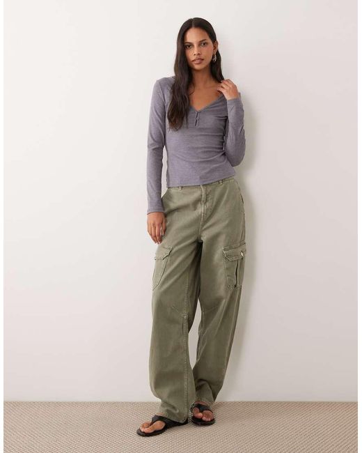 Mango Gray Button Detailing V-neck Long Sleeve Top