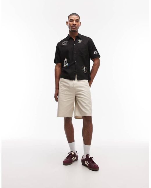 AllSaints Black Karlton Short Sleeve Linen Blend Embroidered Shirt for men