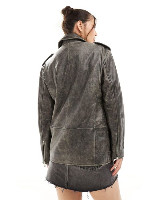 ASOS Gray Washed Distressed Leather Biker Jacket