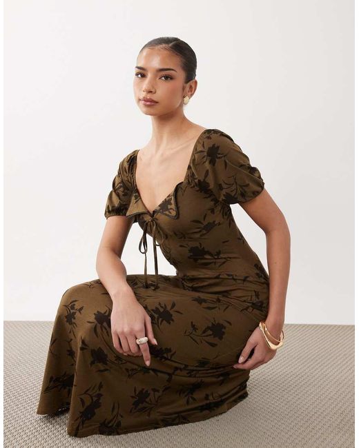 ASOS Brown Scalloped Collar Puff Sleeve Seam Detail Midi Tea Dress