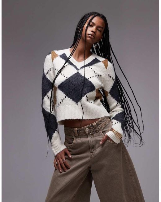 Mango Brown V Neck Argyle Jumper