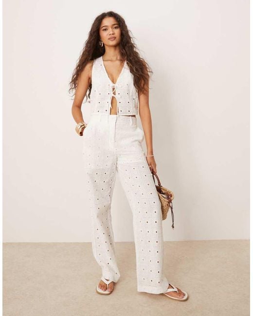 Mango Natural Cotton Straight Leg Broderie Detail Trouser Co-ord