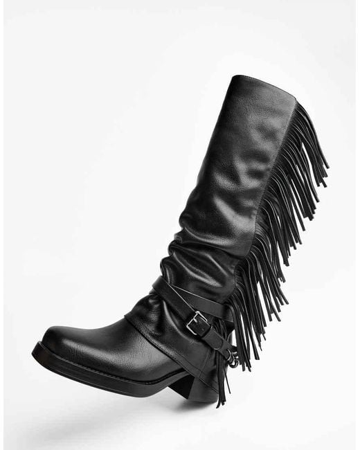 Bershka Black Flat Gaiter Boots With Fringing