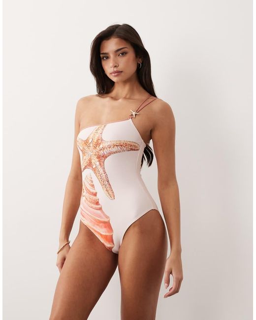 South Beach Pink Asymmetric Shell Print Swimsuit