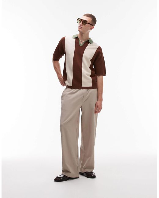 Topman Brown Colour Block Knitted Revere Polo for men