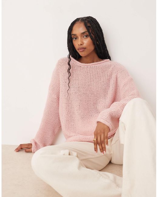 ASOS Pink Knitted Relaxed Slash Neck Jumper With Rolled Edge Detail