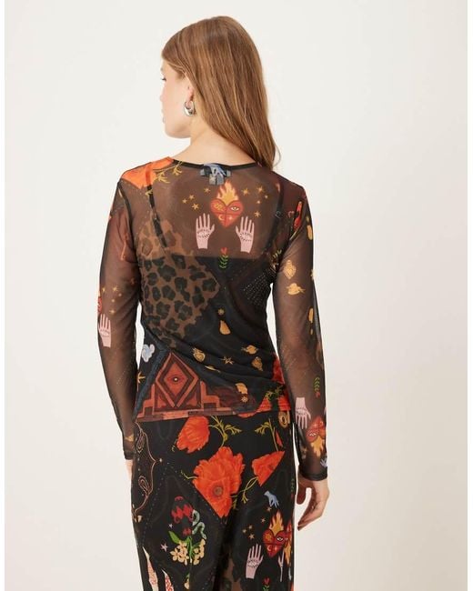 Never Fully Dressed Top Met Lange Mouwen Van Mesh Met Motief, Deel Van Co-Ord Set in het Multicolor