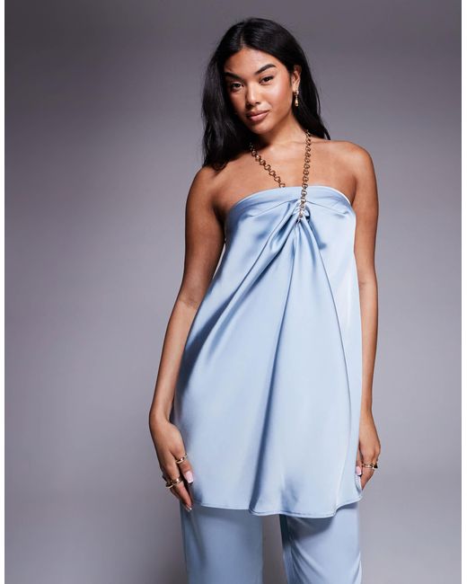 ASOS Blue Tailored Satin Halter Neck Top With Chain Detail Co-Ord