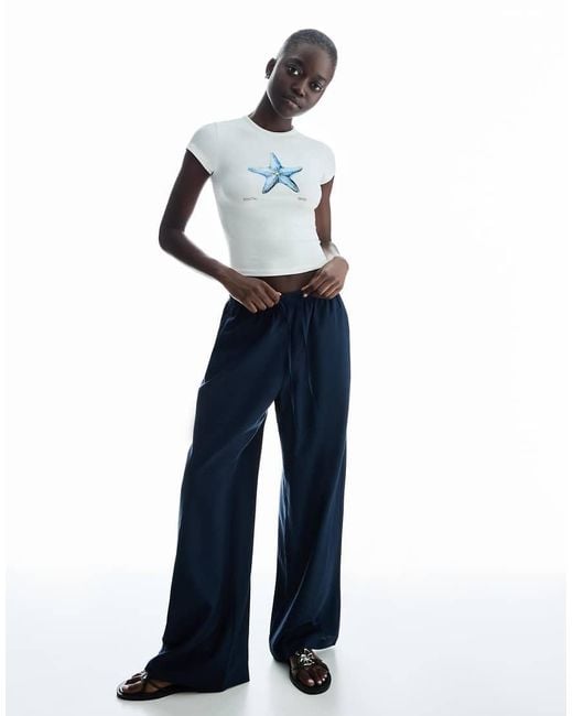 Bershka Blue Linen Rich Trousers With An Elasticated Waistband