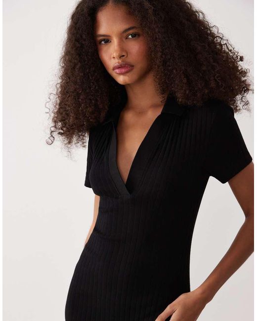 ASOS Black Ribbed Short Sleeve Polo Midi Dress