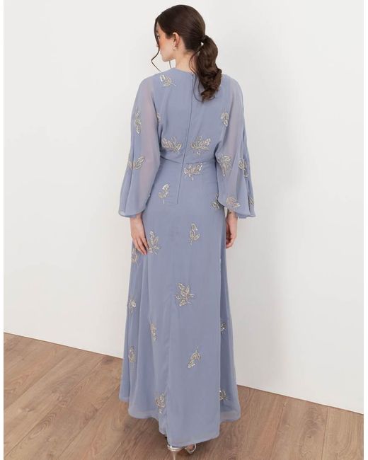 Maya Blue Floral Embellished Cape Sleeve Maxi Dress