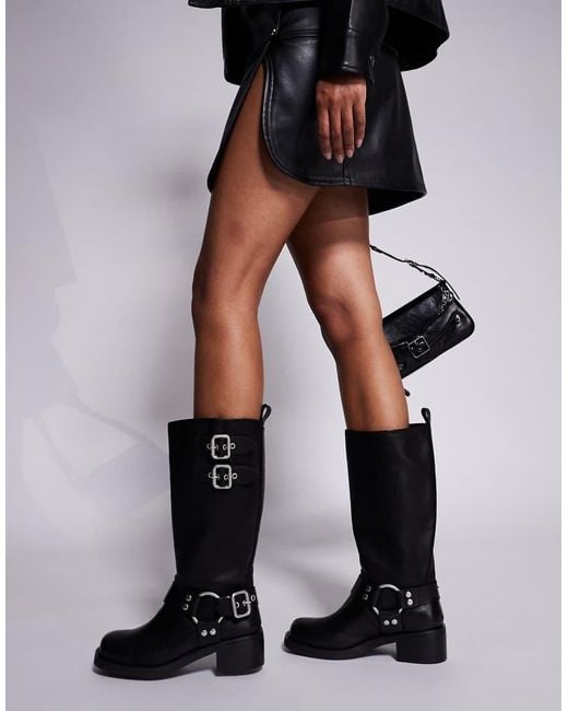 Steve Madden Black Eastern Biker Knee Boots With Chunky Hardwear