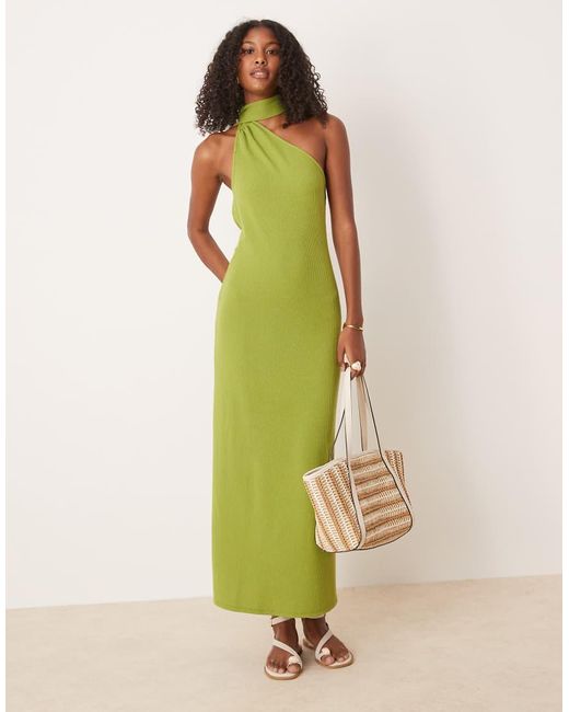 ASOS Green Ribbed One Shoulder Neck Scarf Midi Dress